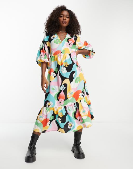 ASOS DESIGN Makkelijke aangerimpelde midi jurk met felgekleurde retro print