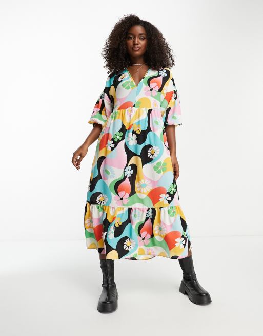 stel je voor impliceren Op de kop van ASOS DESIGN - Makkelijke aangerimpelde midi-jurk met felgekleurde retro  print | ASOS