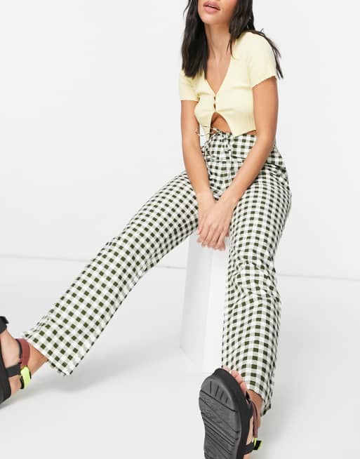 ASOS DESIGN - Makkelijke broek van popeline met rechte pijpen en gingham ruit in khaki