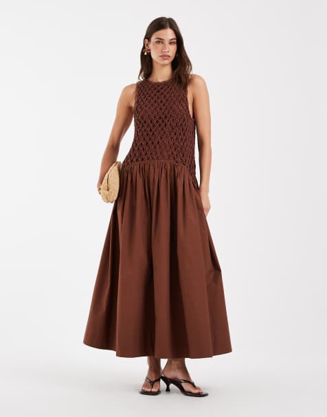 ASOS DESIGN – Makramee-Maxikleid in warmem Schokobraun mit tiefer Taille und Popeline-Rock - view 1