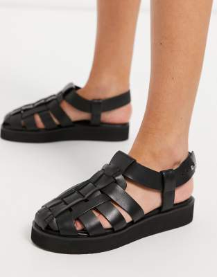 ASOS Design Maxfield Leather Fisherman Flat Shoes in Black