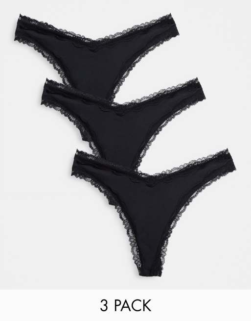 ASOS DESIGN - Malibu - Confezione da 3 perizomi a vita alta in cotone con bordi in pizzo neri