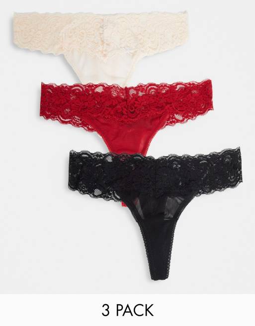 ASOS DESIGN – Malibu – Svarta, oxblodsröda och champagnefärgade stringtrosa i spets och mesh med låg midja, 3-pack