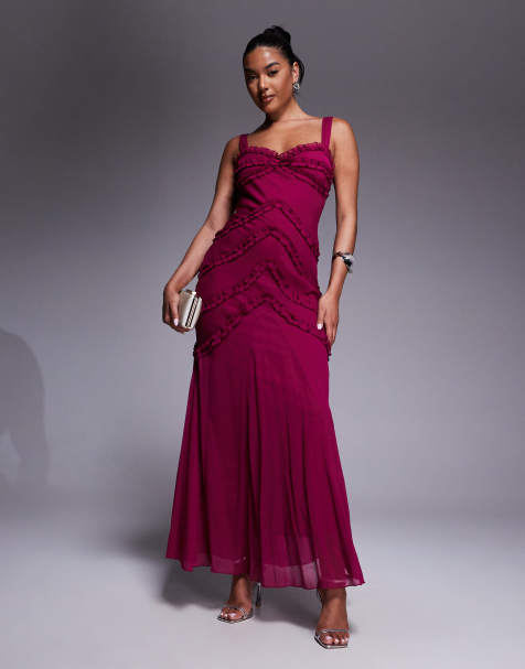 ASOS DESIGN cami ruffle detail maxi dress in raspberry