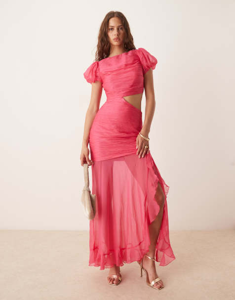 ASOS DESIGN ruched bodice cut out dropped waist maxi dress in raspberry
