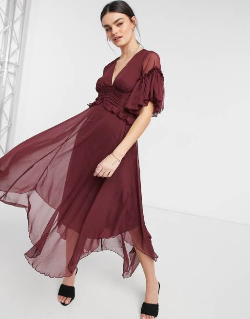 ASOS DESIGN – Malinowa sukienka midi z rozszerzanymi rękawami z plisowaną talią i guzikami