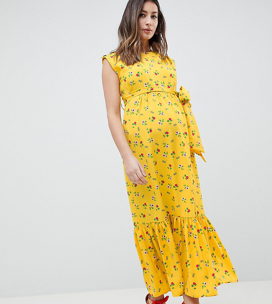 ASOS DESIGN – Mammakläder – Ärmlös, blommig maxiklänning i omlottmodell med volangkant nedtill och skärp-Flerfärgad