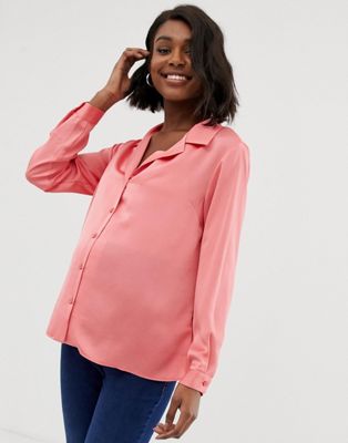 ASOS DESIGN – Mammakläder – Avslappnad skjorta i satin med lång ärm-Rosa