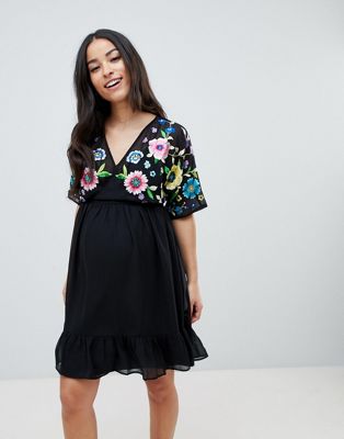 ASOS DESIGN – Mammakläder – Blombroderad miniklänning med flera lager-Flerfärgad