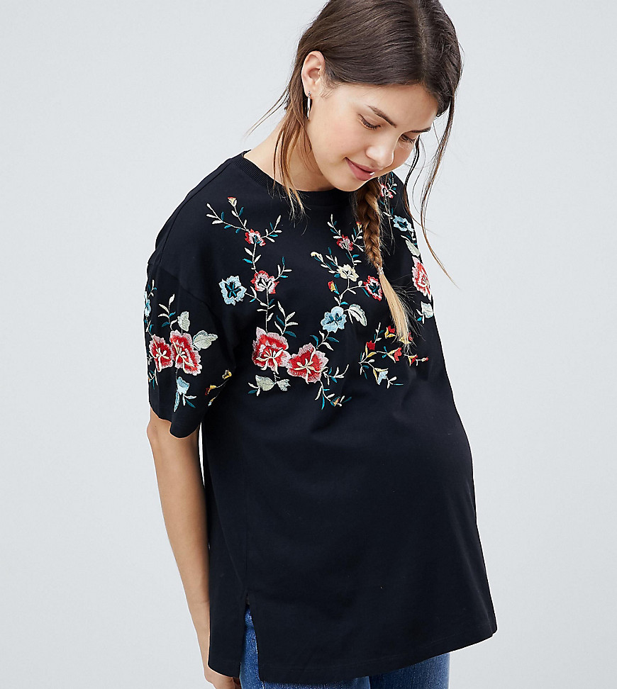 ASOS DESIGN – Mammakläder – Blombroderad t-shirt-Grå