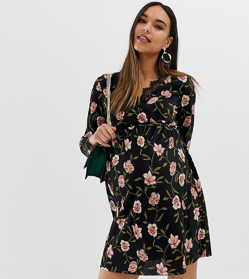 ASOS DESIGN – Mammakläder – Blommig, plisserad omlottklänning i minilängd med spetskant-Flerfärgad