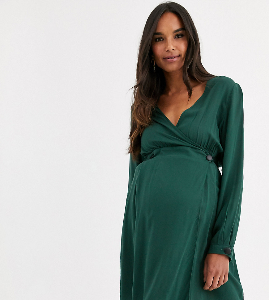 ASOS DESIGN – Mammakläder – Grön casual miniklänning med omlott och långa ärmar