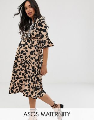 ASOS DESIGN Mammakläder Leopardmönstrad midiklänning för amning-Flerfärgad