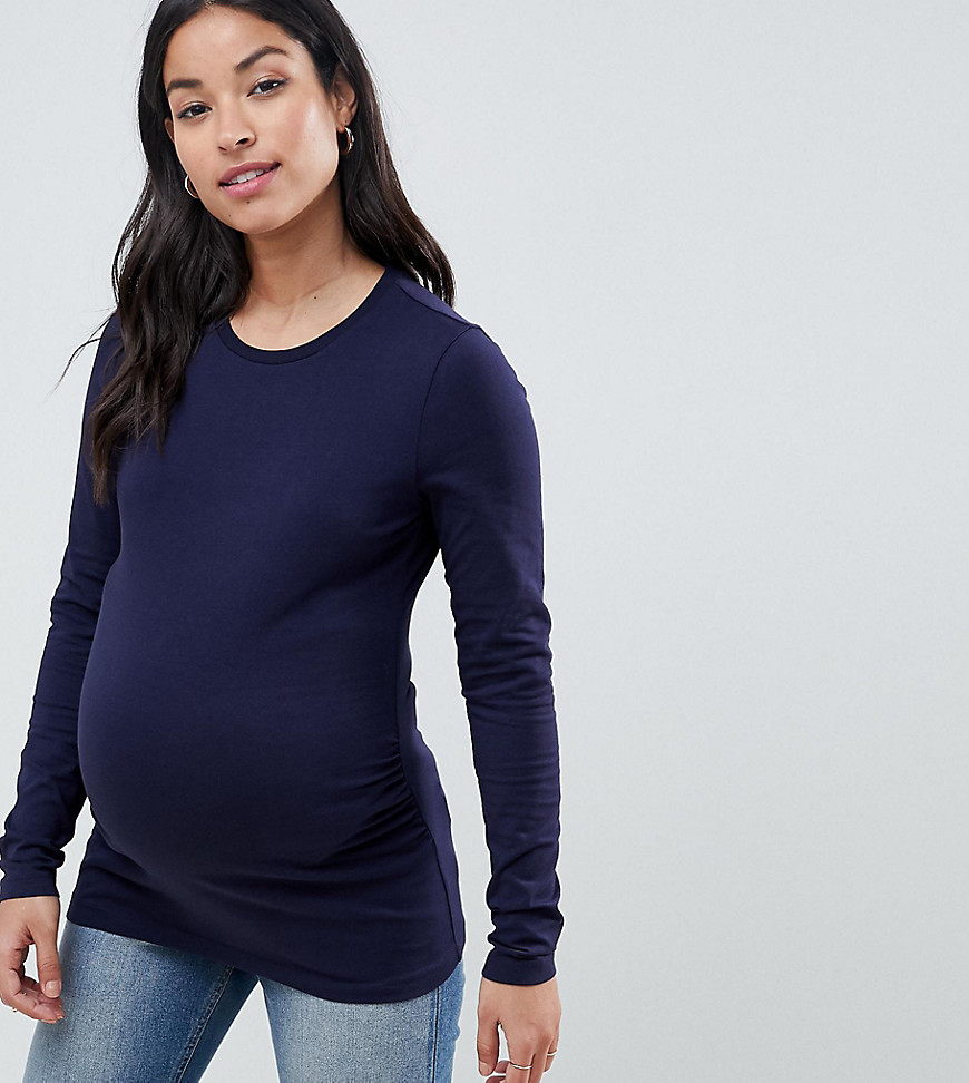 ASOS DESIGN Mammakläder Marinblå T-shirt med rund halsringning och lång ärm smat rysch över magen