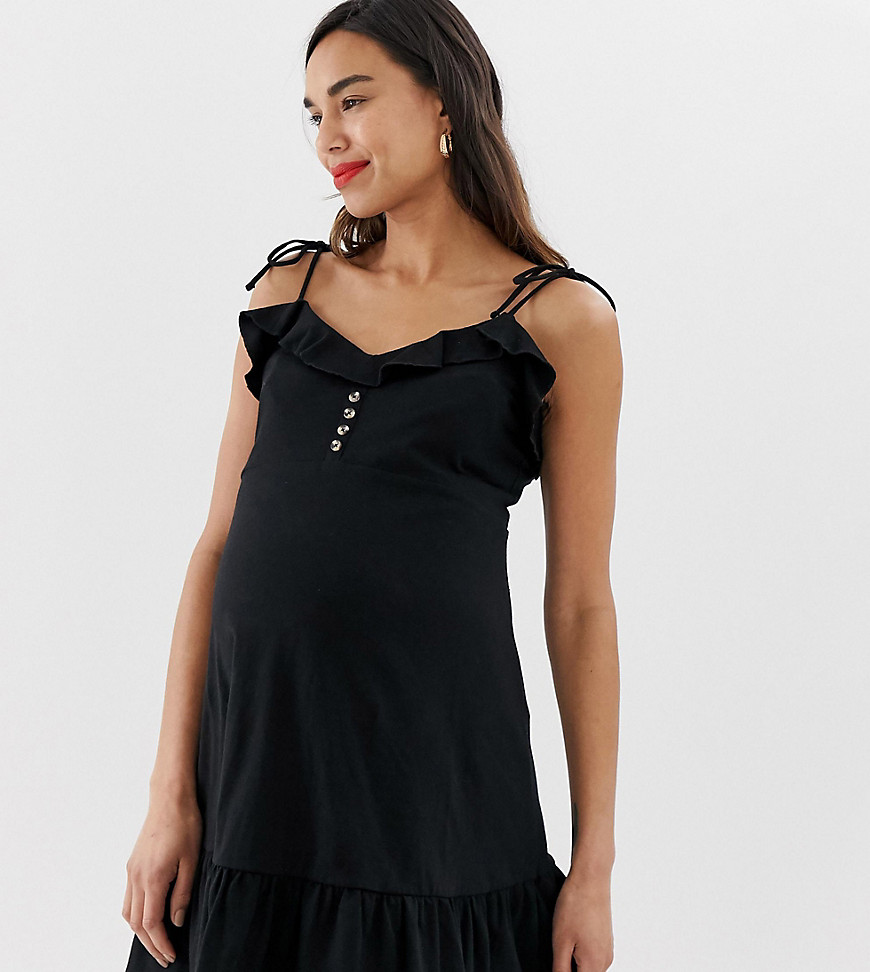 ASOS DESIGN – Mammakläder – prickig solklänning med knappar framtill och peplumfåll-Svart
