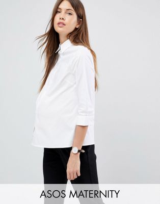 ASOS DESIGN – Mammakläder – Skjorta med 3/4-ärm i stretchig bomull-Vit
