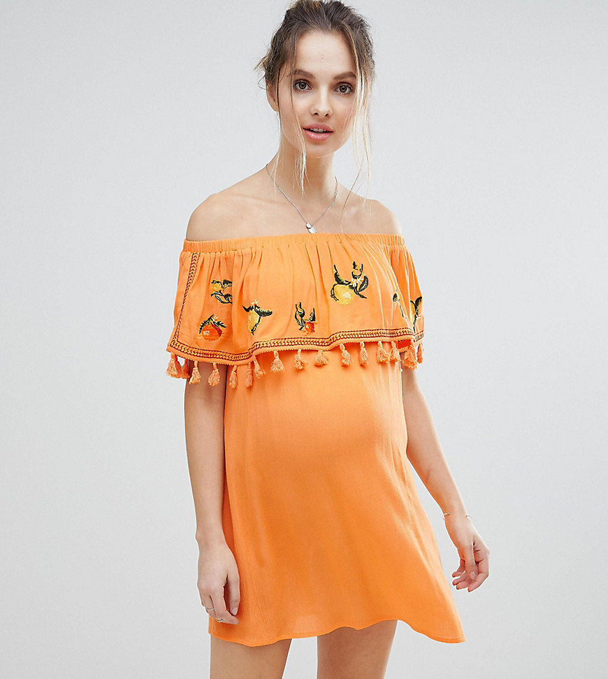 ASOS DESIGN Mammakläder Strandklänning i bandeau-modell med broderad frukt-Orange