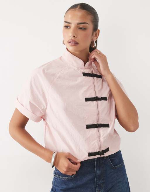 ASOS DESIGN mandarin collar asym detail bubble hem top co-ord in blush pink, 3 of 4