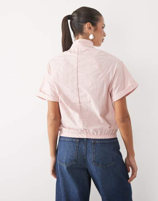 ASOS DESIGN mandarin collar asym detail bubble hem top set in blush pink, 4 of 4