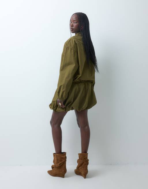 ASOS DESIGN mandarin collar bubble dress in khaki, 3 of 4