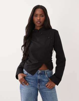 Asos Design Mandarin Collar Cinch Fitted Shirt In Black