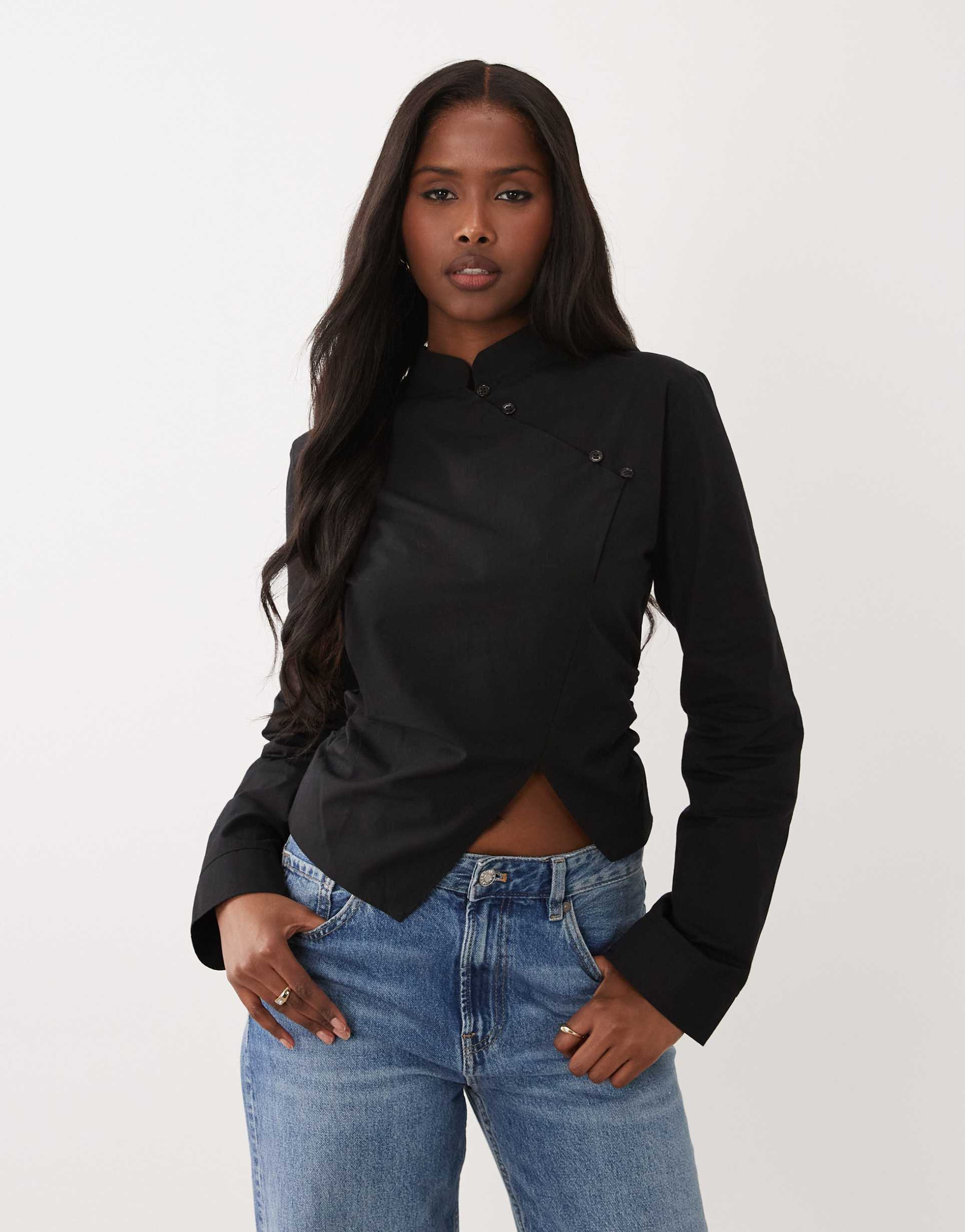 asos design mandarin collar cinch fitted shirt in black