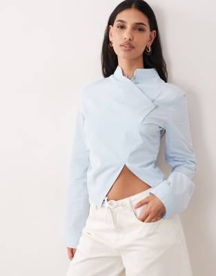 Asos Design Mandarin Collar Cinch Fitted Shirt In Blue
