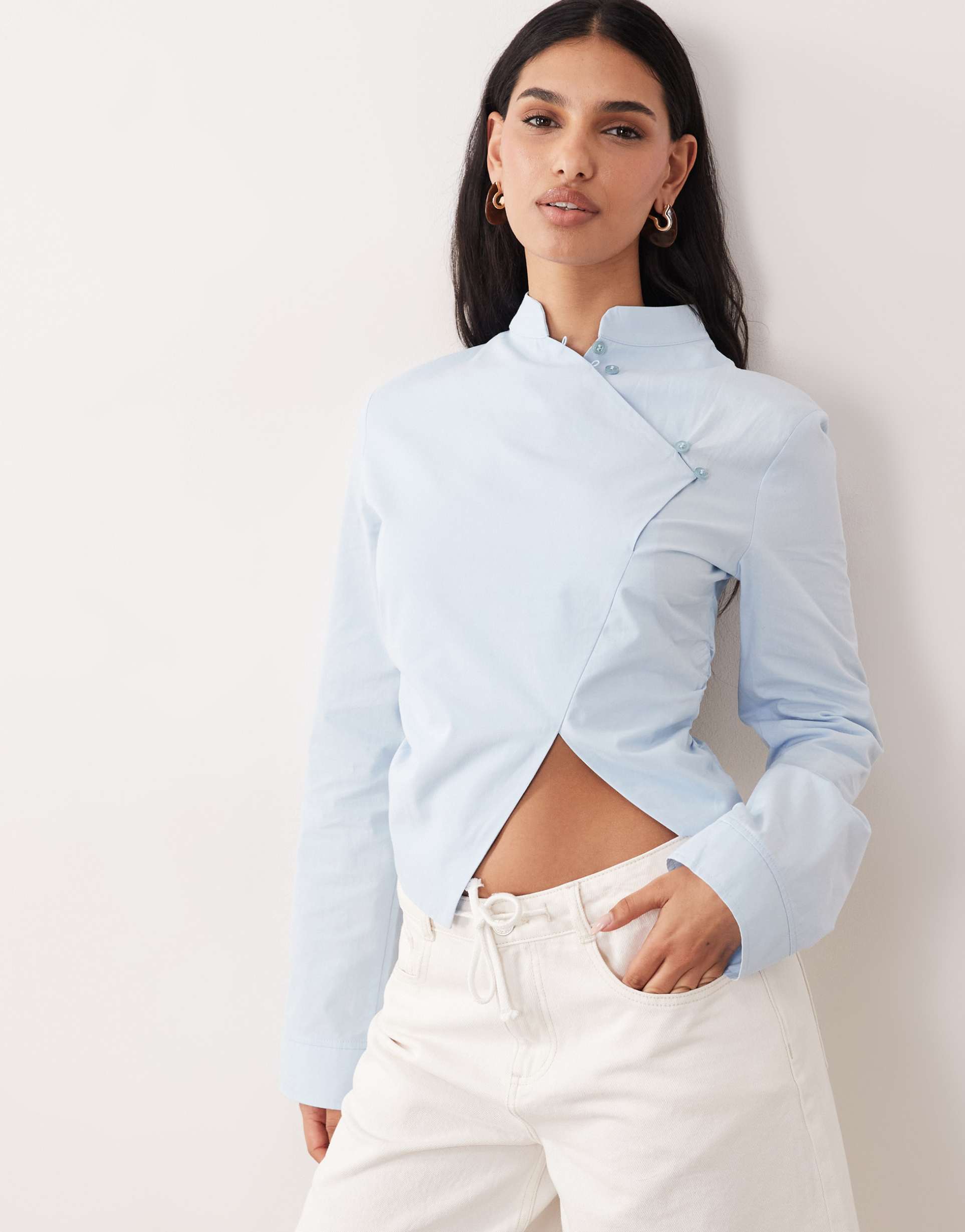 asos design mandarin collar cinch fitted shirt in blue