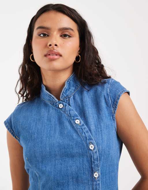 ASOS DESIGN mandarin collar denim mini dress in blue, 3 of 4