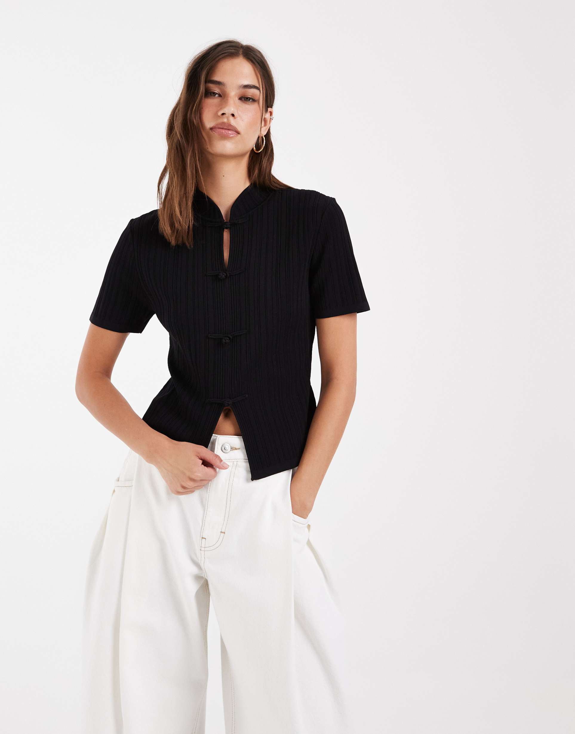 asos design mandarin collar knit ribbed top in black