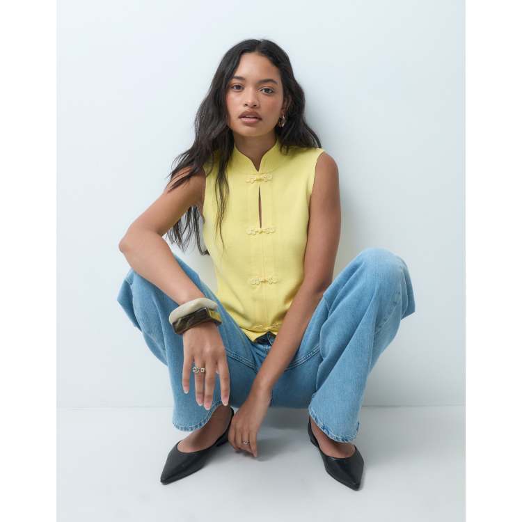 ASOS DESIGN mandarin collar knit sleeveless top in pale yellow | ASOS