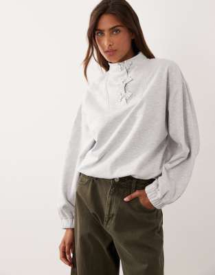 Asos Design Mandarin Collar Long Sleeve Sweatshirt In Gray