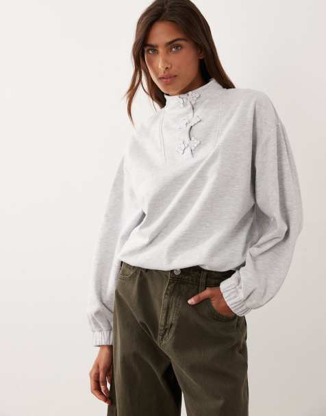 ASOS DESIGN mandarin collar long sleeve sweatshirt in gray - view 1