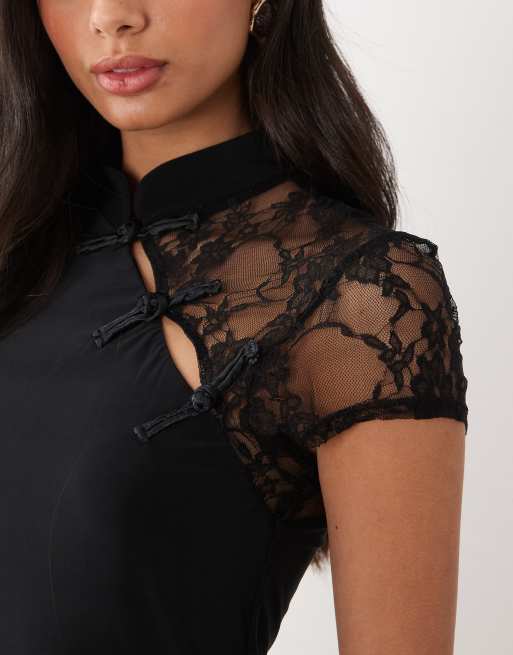 ASOS DESIGN mandarin collar mini dress in black, 2 of 4