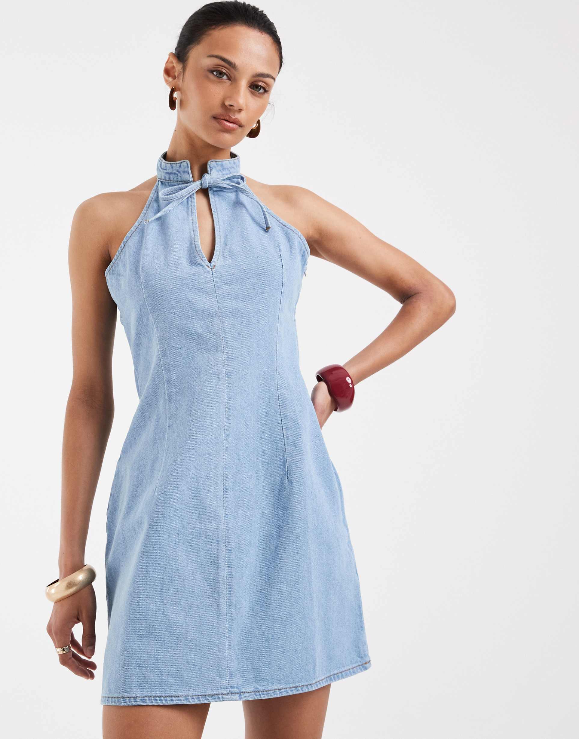 asos design mandarin collar mini dress with key hole detail