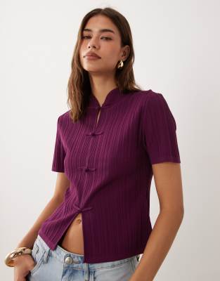 Asos Design Mandarin Collar Rib Knit Top In Red
