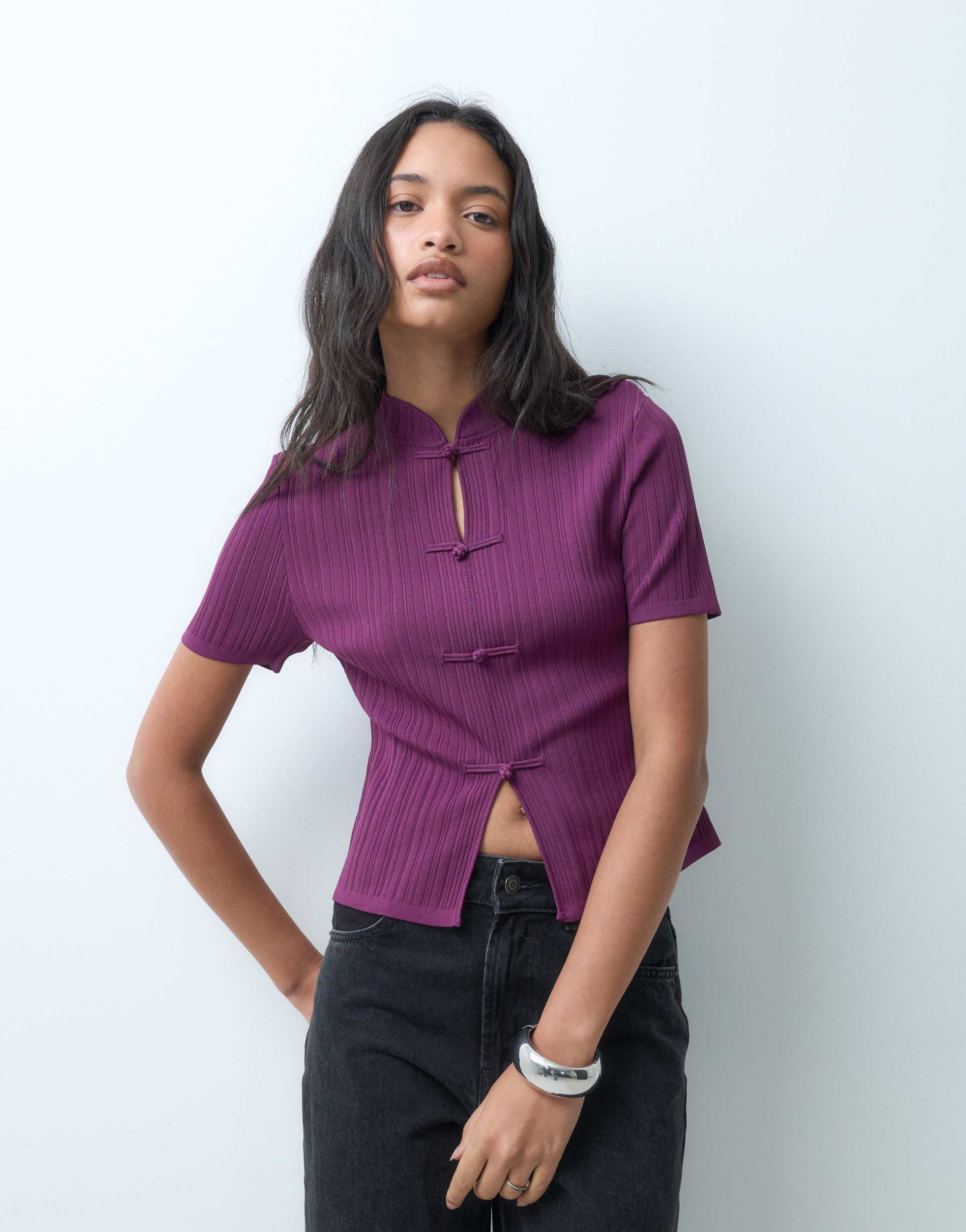 asos design mandarin collar rib knit top in plum