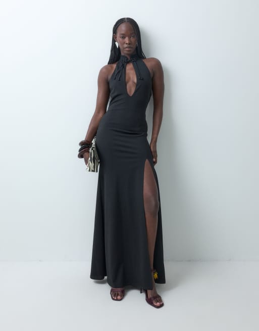 mandarin collar formal dress ASOS DESIGN sleeveless maxi with embellished clasp in black What Did He Say