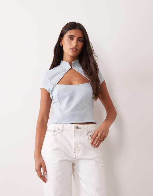 ASOS DESIGN mandarin collar top in grey, 4 of 4