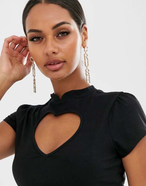 ASOS DESIGN mandarin collar top with heart cut out in black