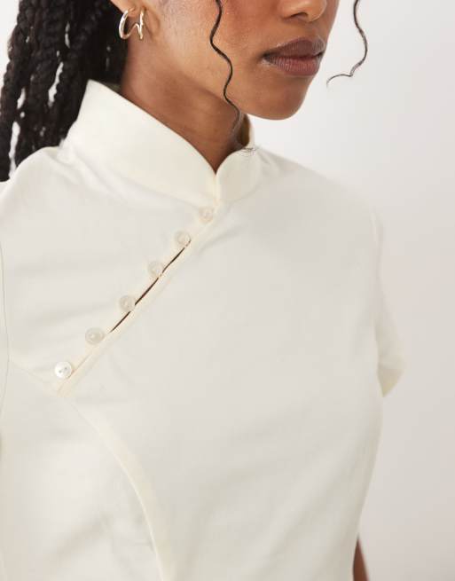 ASOS DESIGN mandarin collar with asym button detail top in white, 2 of 4