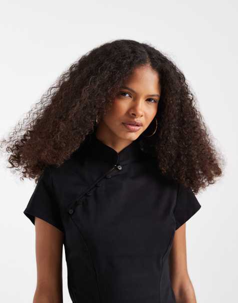 ASOS DESIGN mandarin collar with asymmetric button detail top in black - view 1
