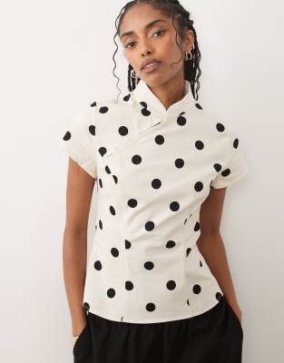 Asos Design Mandarin Collar With Asymmetric Button Detail Top In Neutral