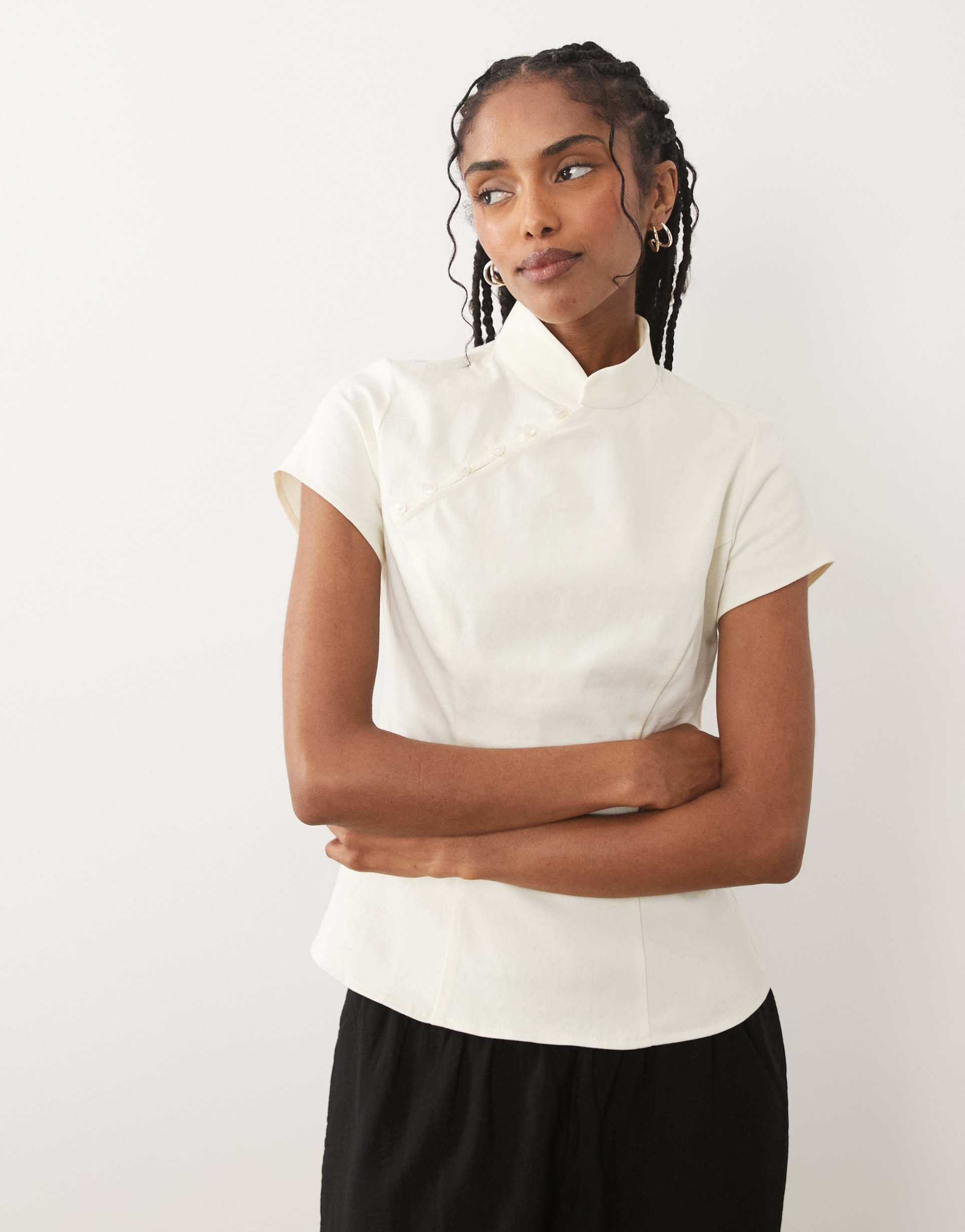 asos design mandarin collar with asymmetric button detail top in white