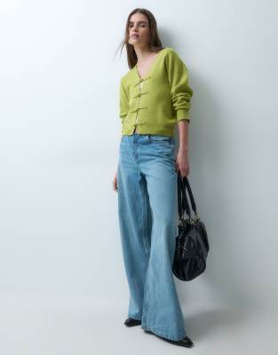 Asos Design Mandarin Detail Crop Cardigan In Yellow