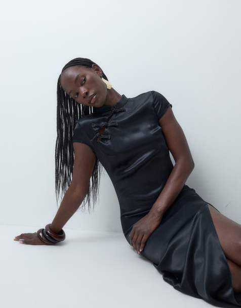 ASOS DESIGN mandarin detail satin maxi dress in black - view 1