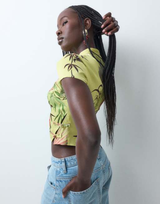 ASOS DESIGN mandarin detail top co ord in yellow print, 2 of 4