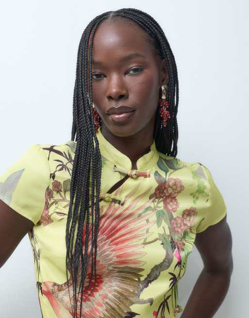 ASOS DESIGN mandarin detail top co ord in yellow print, 3 of 4