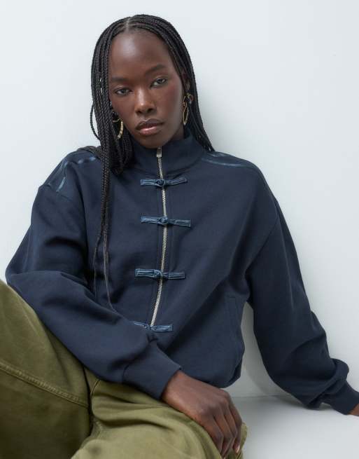 ASOS DESIGN mandarin-jakke med satinbånd, del af sæt, navy, 4 af 8
