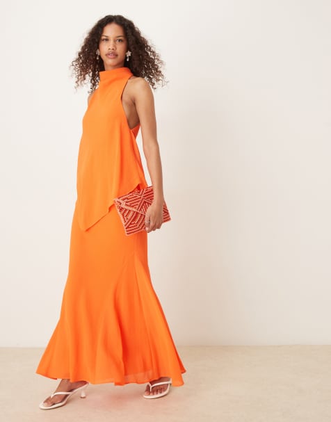 ASOS DESIGN – Mandarin-orange maxiklänning med hög krage i två lager av chiffong - view 1